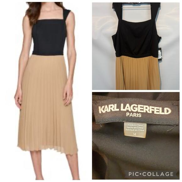 Karl Lagerfield Paris Square Neck Pleated Dress Size 14 NWT - Picture 1 of 11